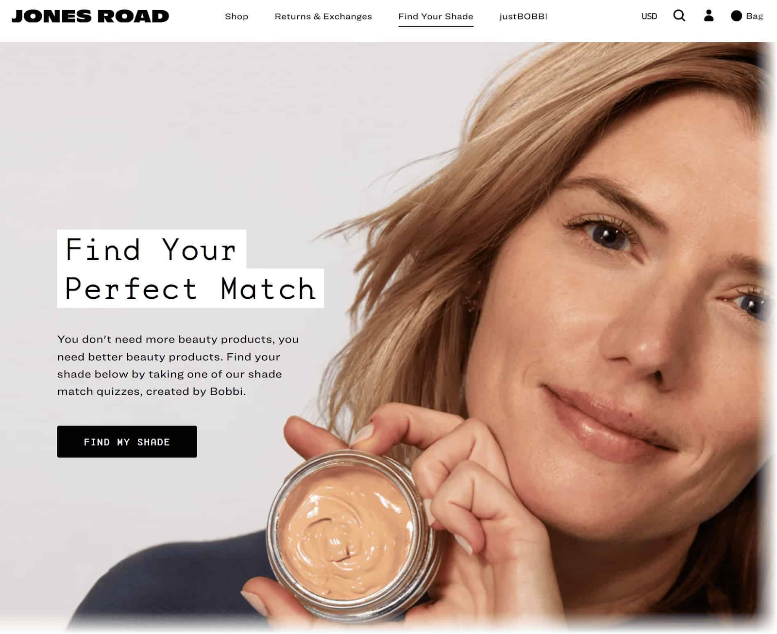Jones Road's "Find Your Shade" landing page