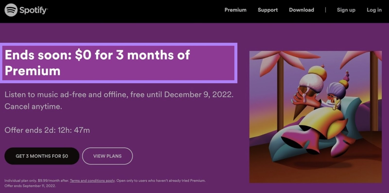 Offre Spotify à côté d'une illustration abstraite colorée