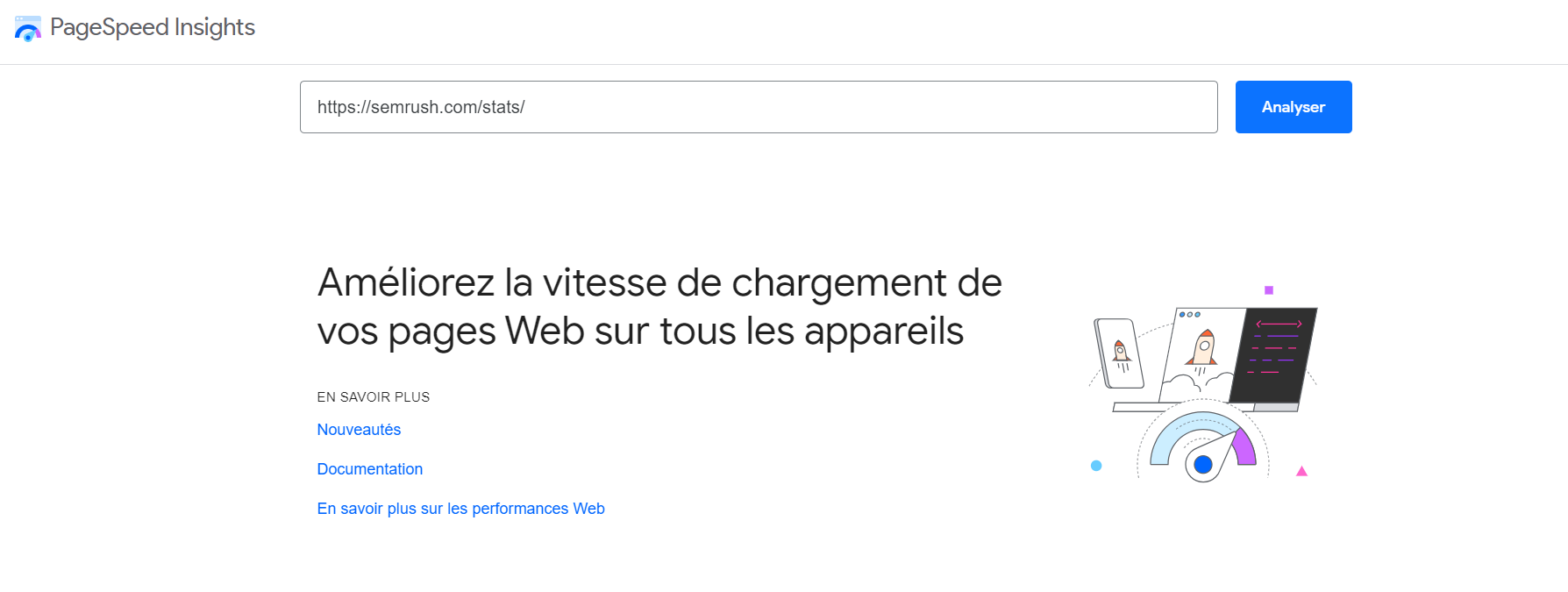 PageSpeed Insights : saisie d'une URL dans la barre de recherche