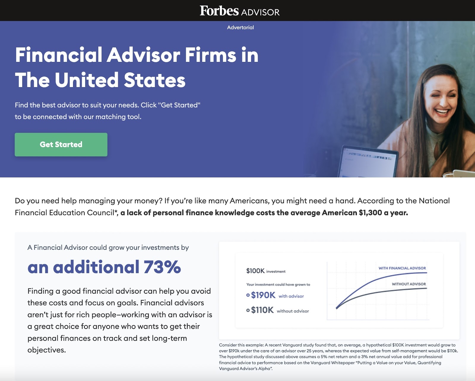 Smiling woman sat at a laptop alongside the benefits of choosing a financial advisor