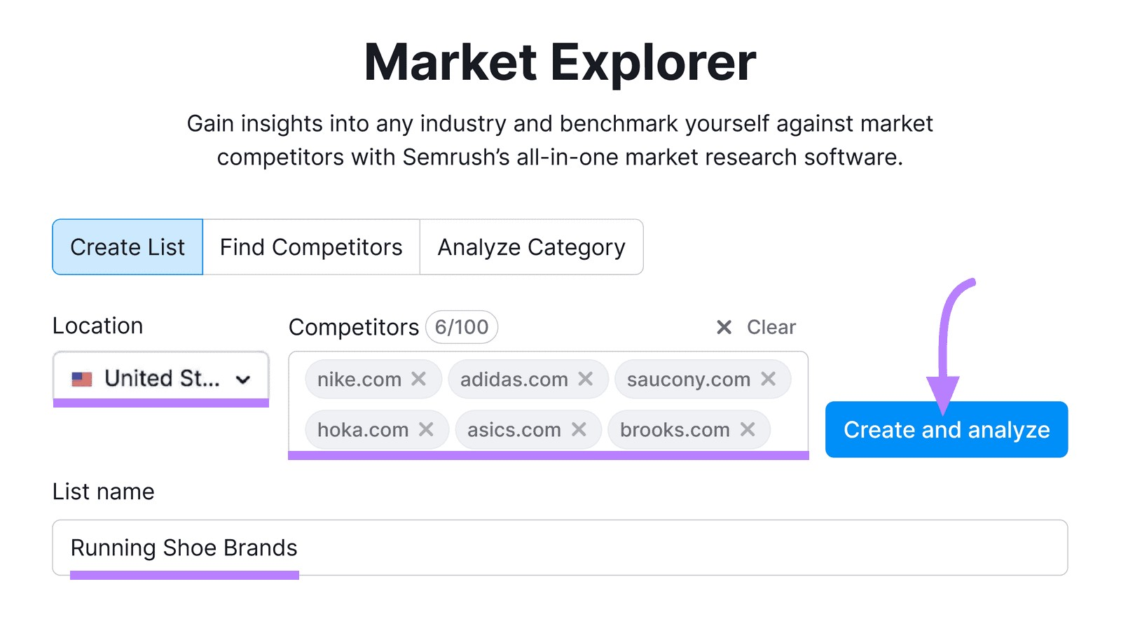 Recherche de l'outil Market Explorer avec les concurrents saisis