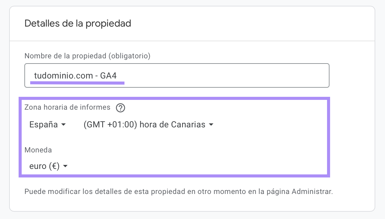 También tienes que seleccionar la zona horaria de tus informes y tu moneda