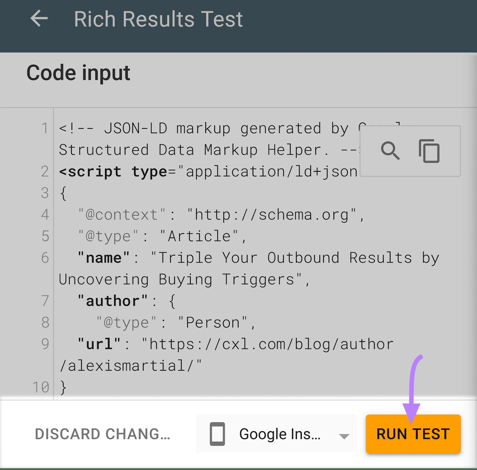 RUN TEST” button highlighted under code