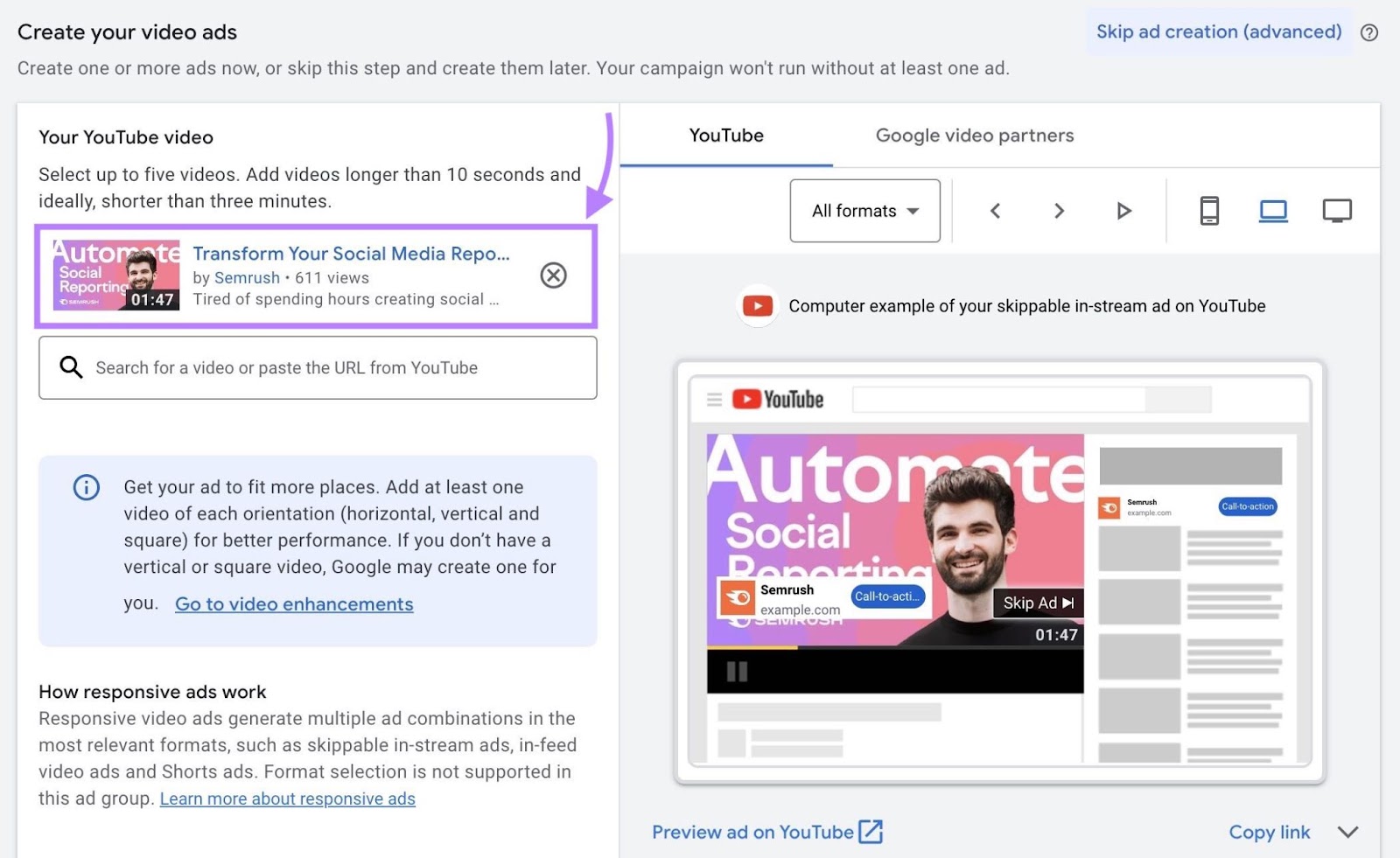 Video ad settings on Google ads with a video selected via its URL from Youtube on the left and a preview of the ad on the right.