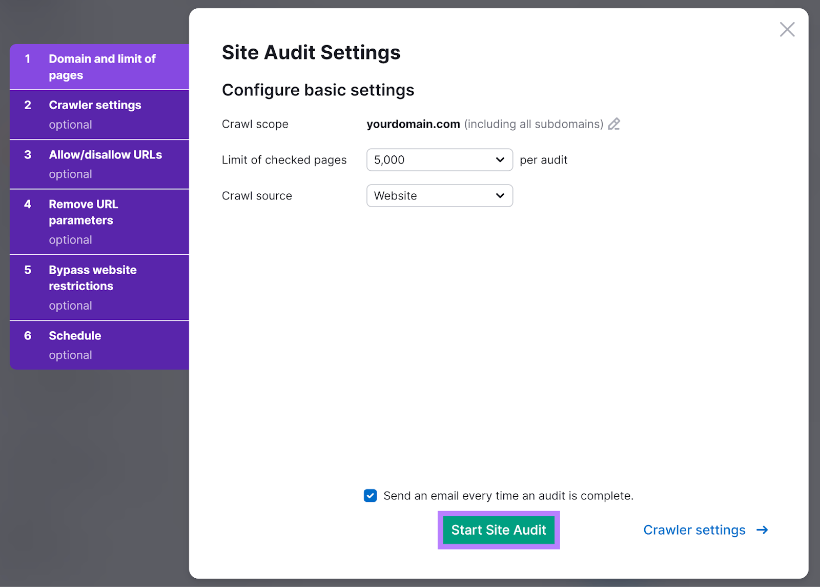 Site Audit settings popup with 'Start Site Audit' fastener  highlighted