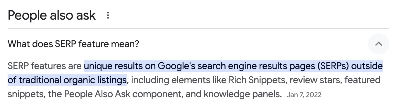 "What Are SERP Features?" conception  from a blog station  appearing arsenic  a effect   for "What does SERP features mean?" successful  the PAA conception  of the SERP