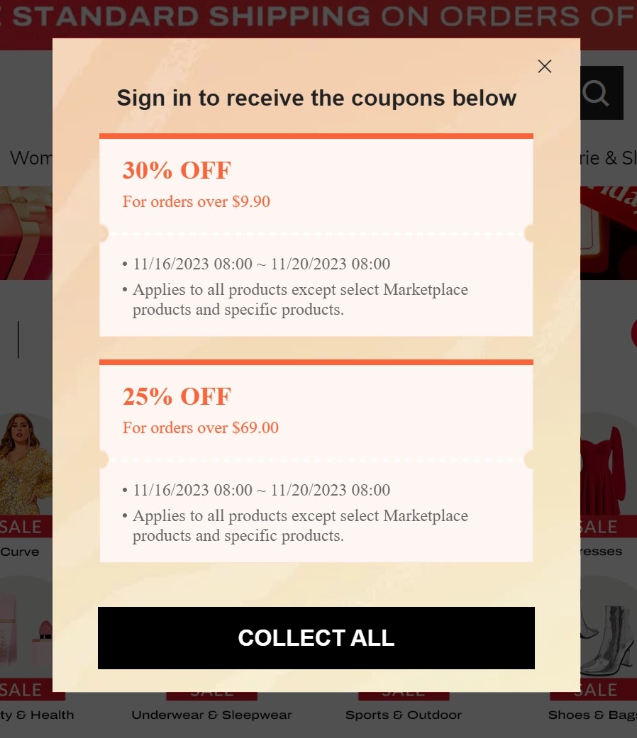 "Sign in to receive the coupons below" pop up window
