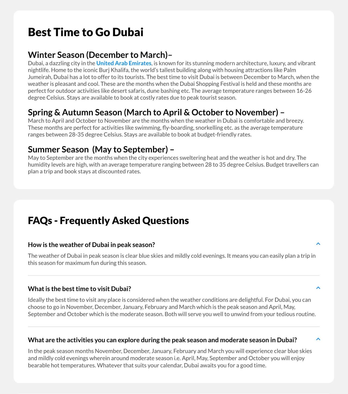 Blog post by MakeMyTrip with sections like "Best time to visit" and "FAQs" targeting the research stage of the user journey.