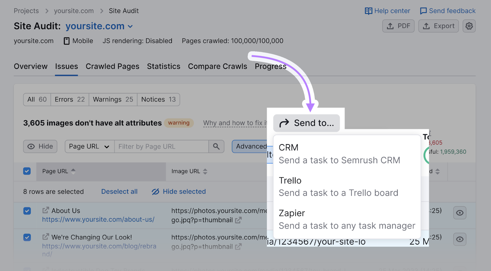 The "Send to..." button in Semrush's Site Audit tool. The options are "CRM," "Trello," and "Zapier."