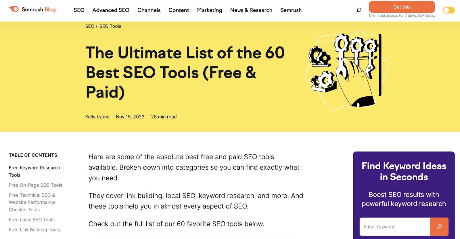 Semrush's blog on the best free and paid SEO tools landing page