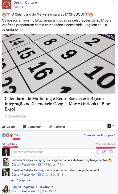 Calendário de Marketing e Redes Sociais Partilhas Facebook