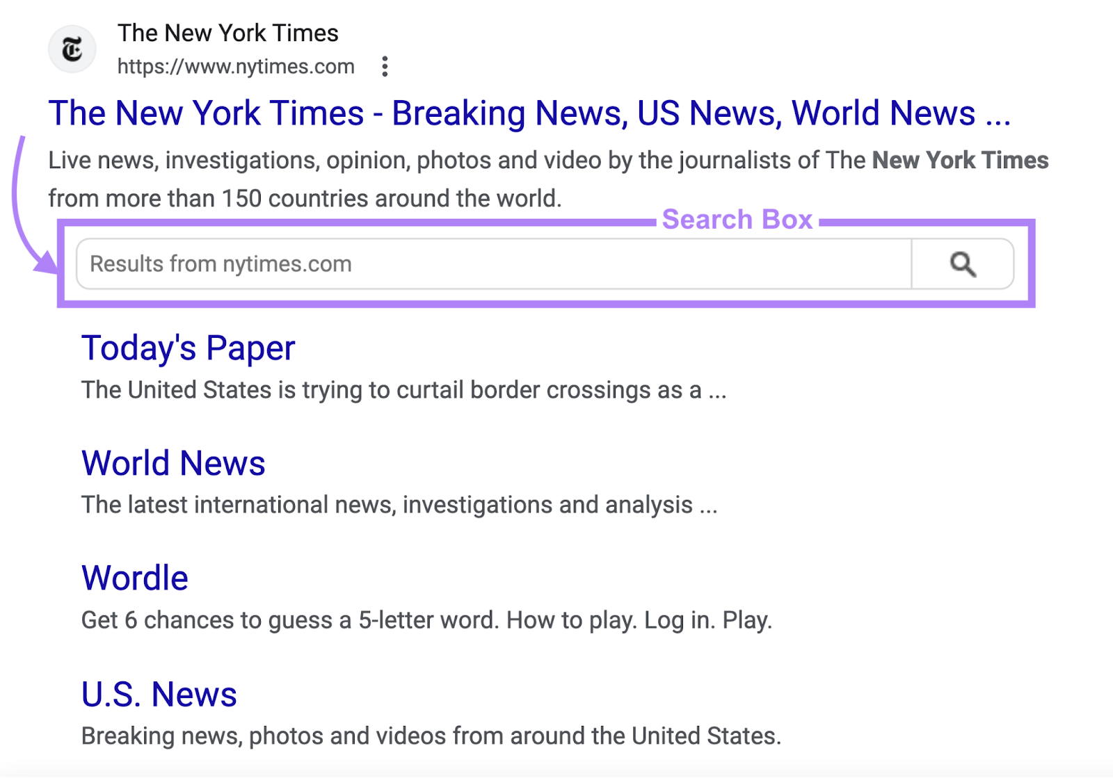 search box in "The New York Times" site in SERP