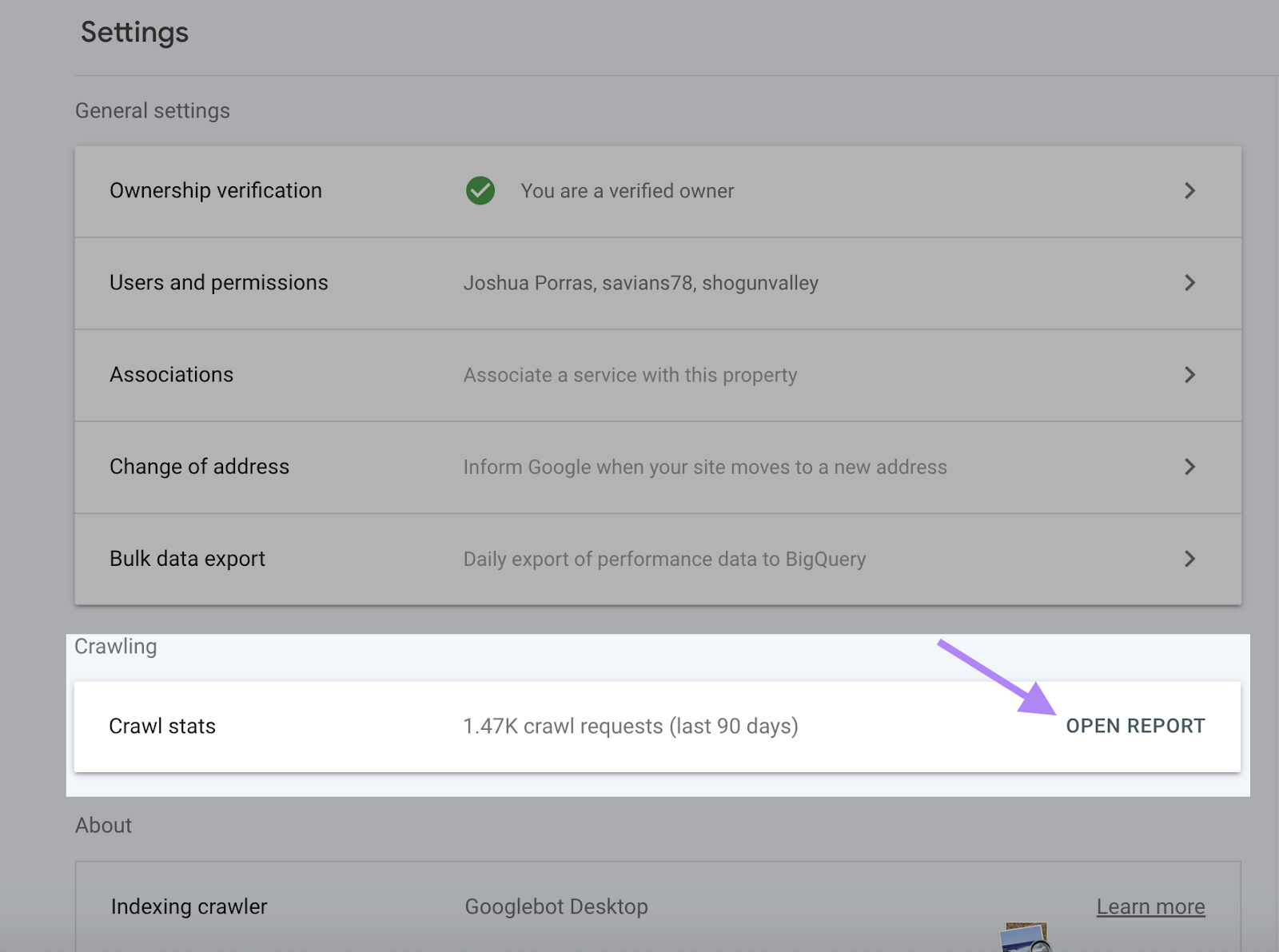 Open Crawl Stats report from Search Console "Settings" page