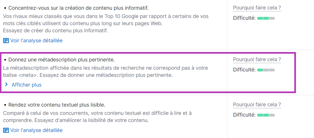 Donner une meta description plus pertinente dans Idées d'optimisation, section Contenu