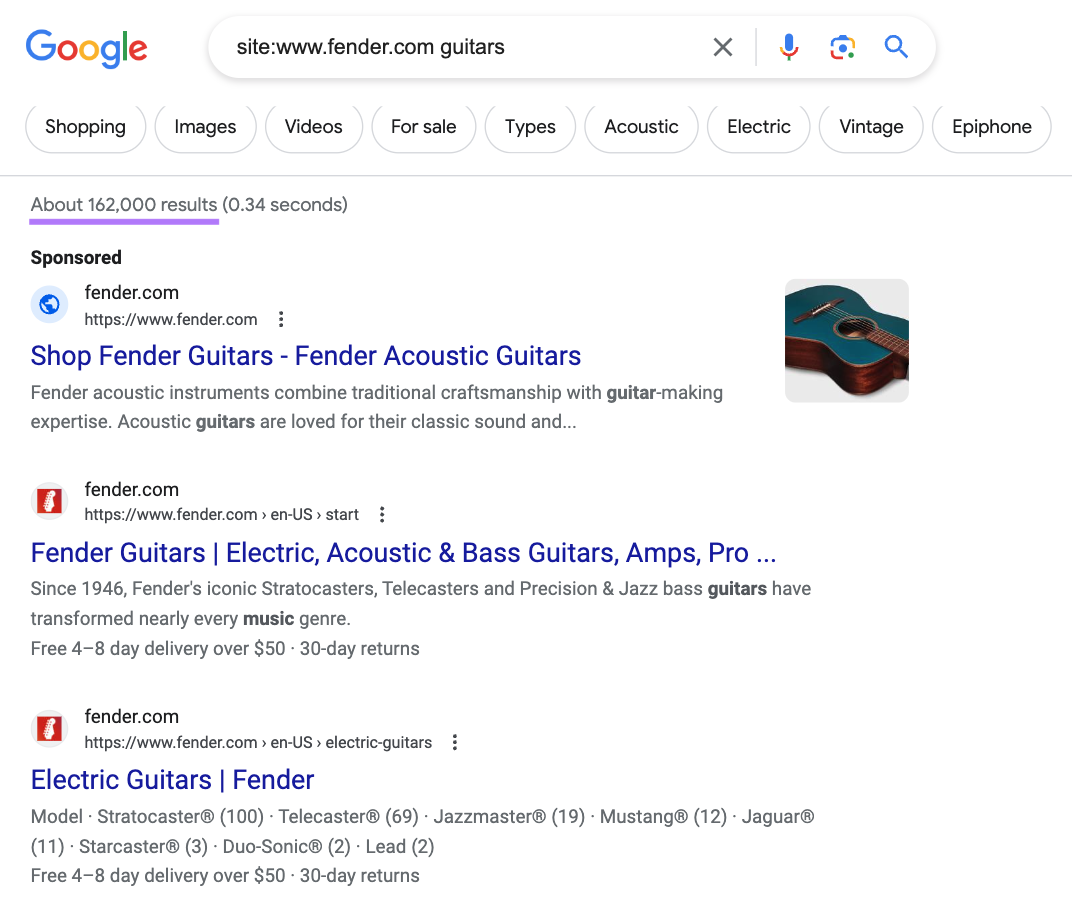 Google's SERP for “site:www.fender.com guitars”