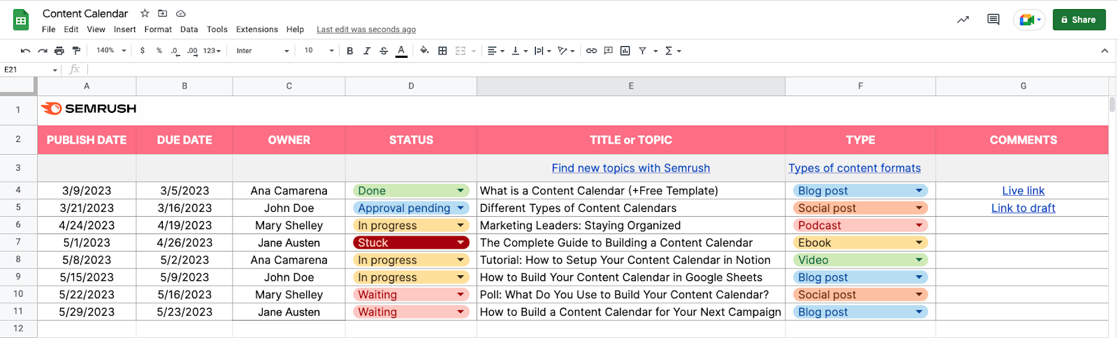 Semrush's content calendar template
