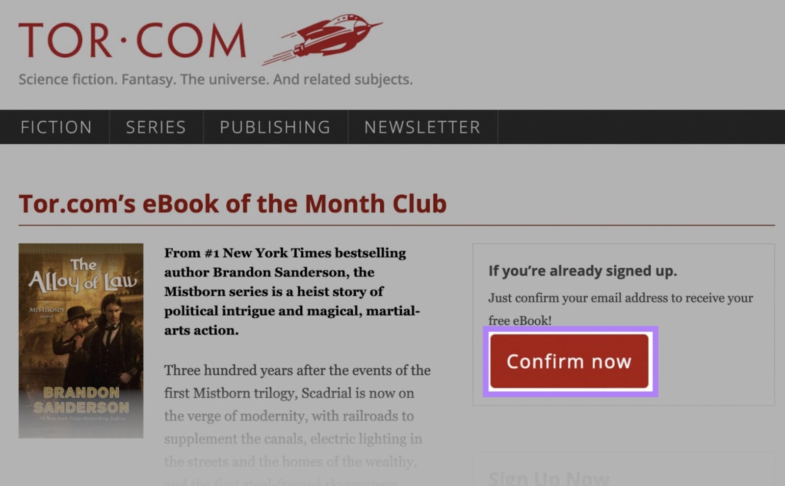 Tor books landing page CTA highlighted to confirm receiving a free eBook