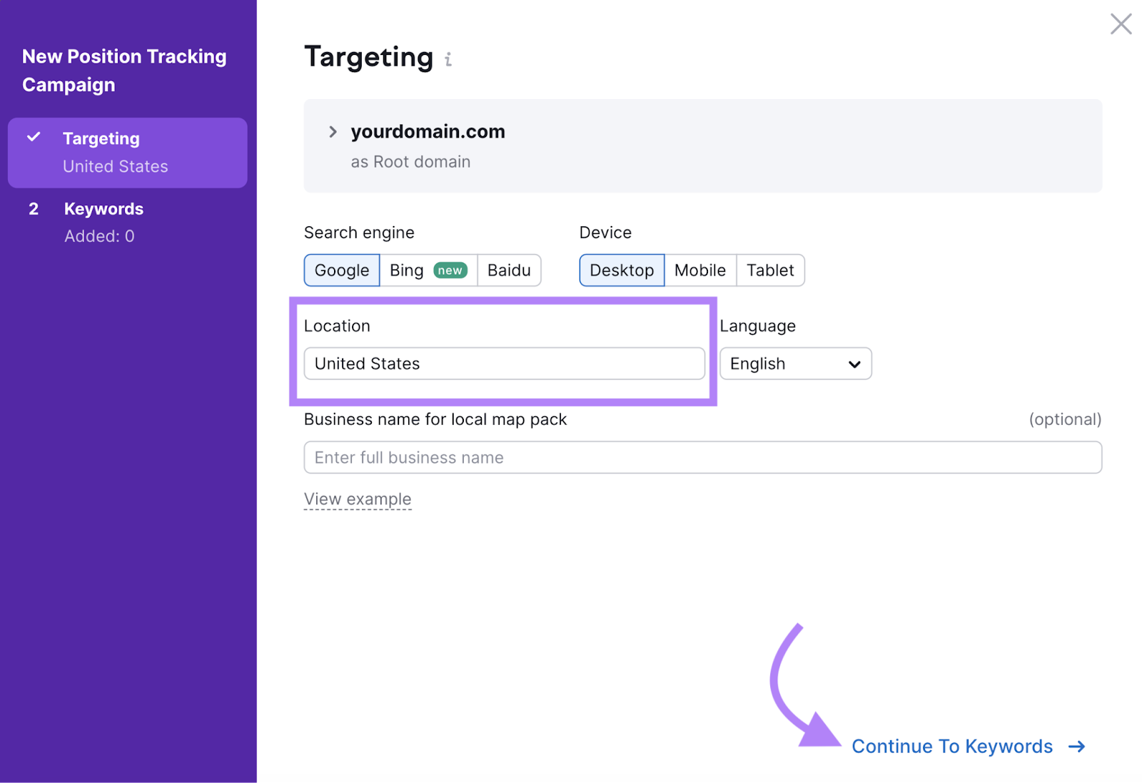 "Targeting" window in Position Tracking tool settings