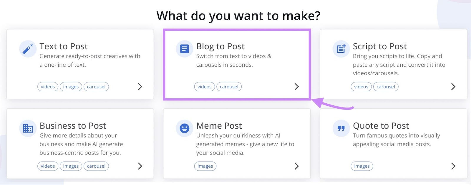 “Blog to Post” option selected from the AI Social Content Generator dashboard