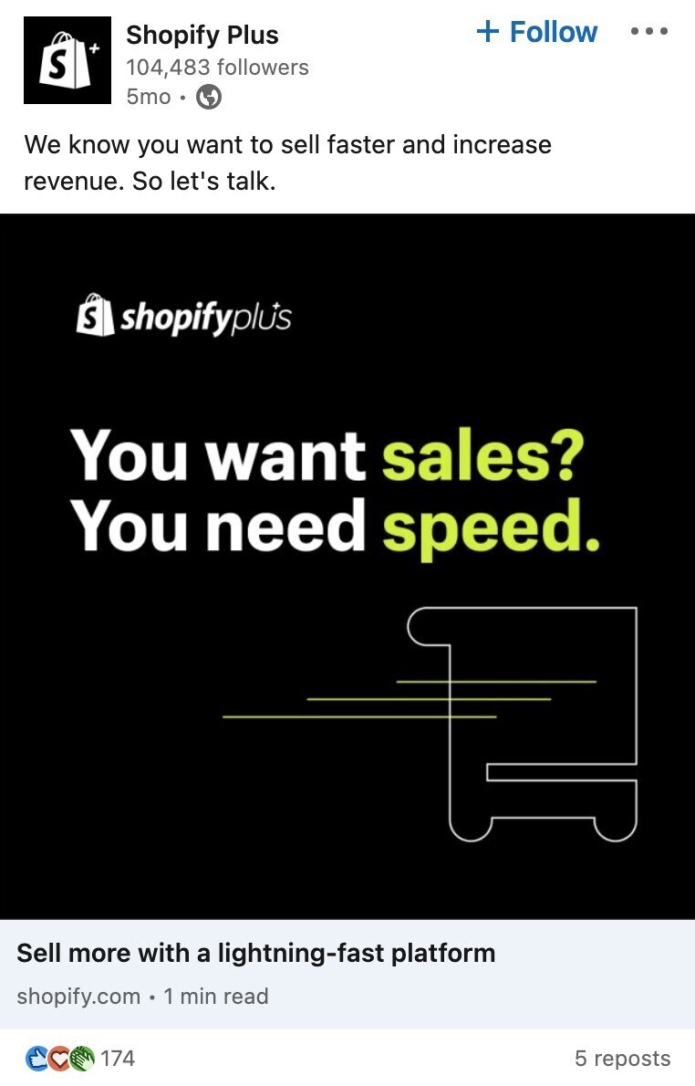 Un anuncio en LinkedIn de Shopify Plus