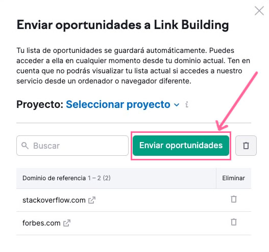 Enviar oportunidades a Link Building en Semrush