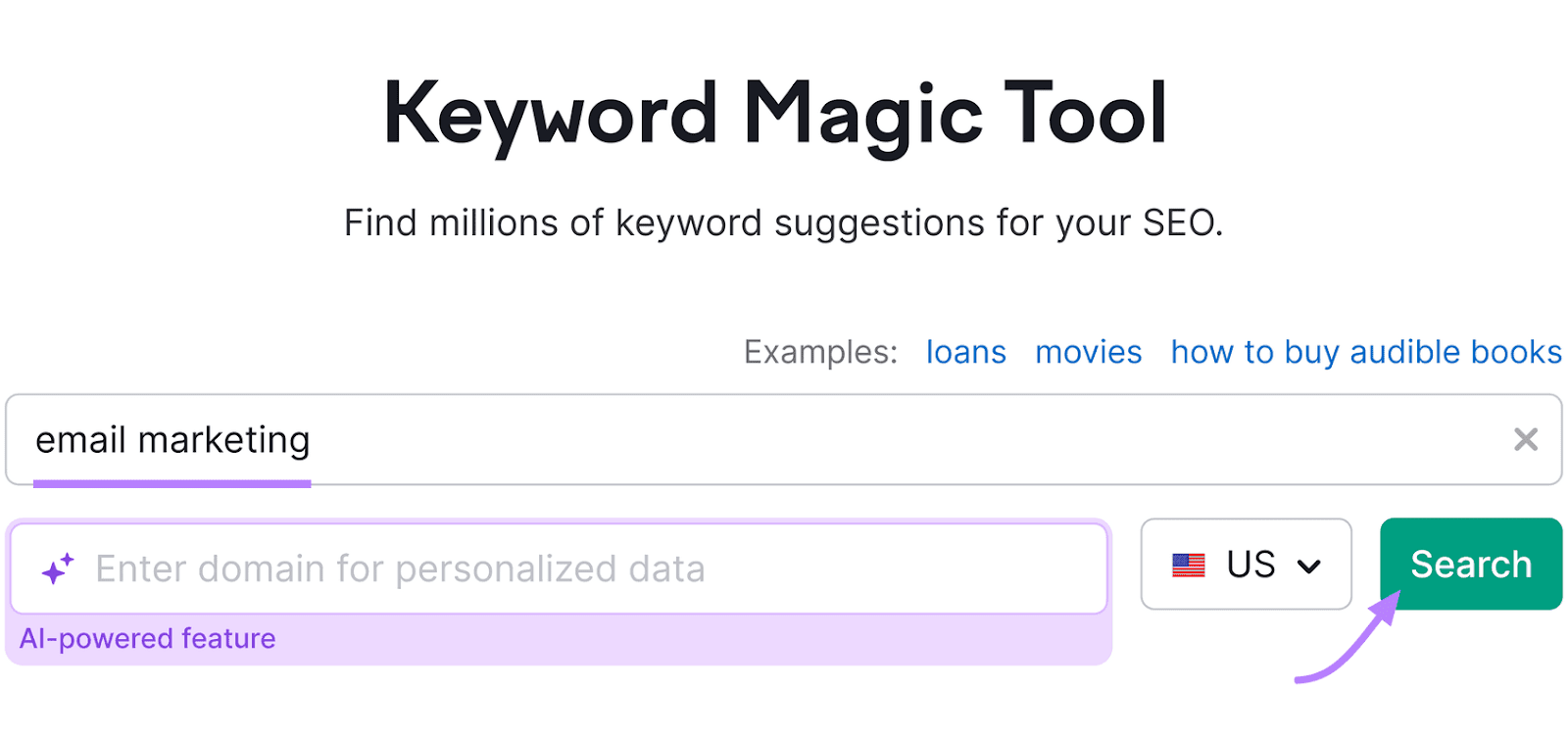 Keyword Magic Tool interface with "email marketing" typed successful  the hunt  barroom  and a greenish  "Search" button.