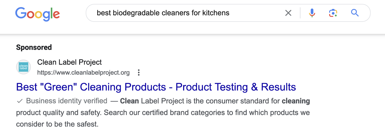 search term "best biodegradable cleaners for kitchens" shows ad for "best green cleaning products"