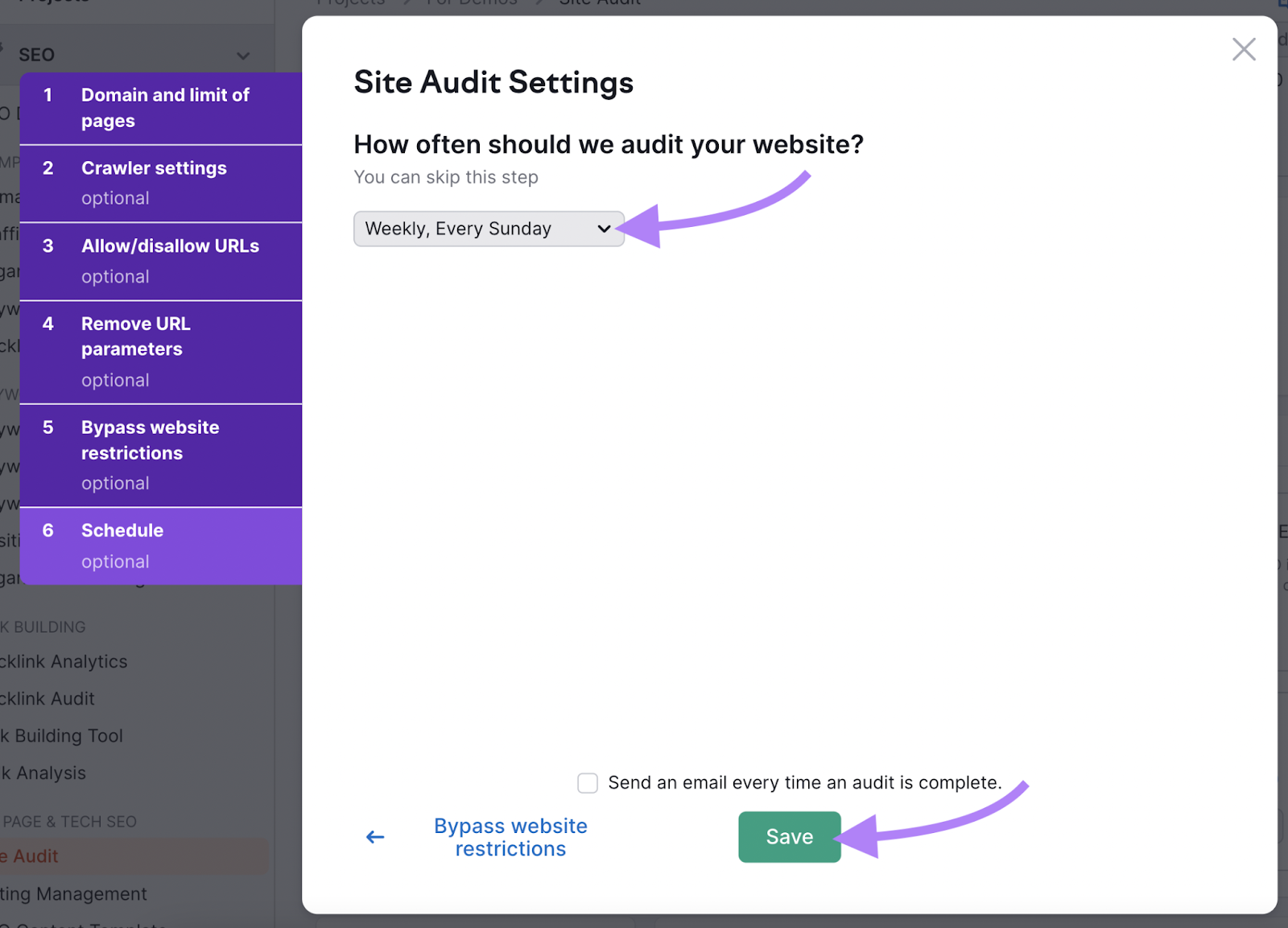 where to choose daily or weekly audits in Settings