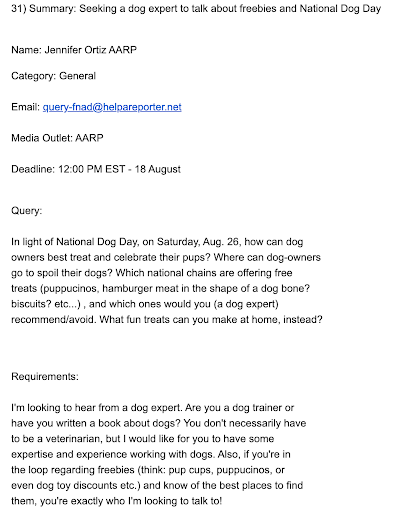 "Summary: Seeking a  expert to talk about freebies and National  Day" query opened from HARO’s email