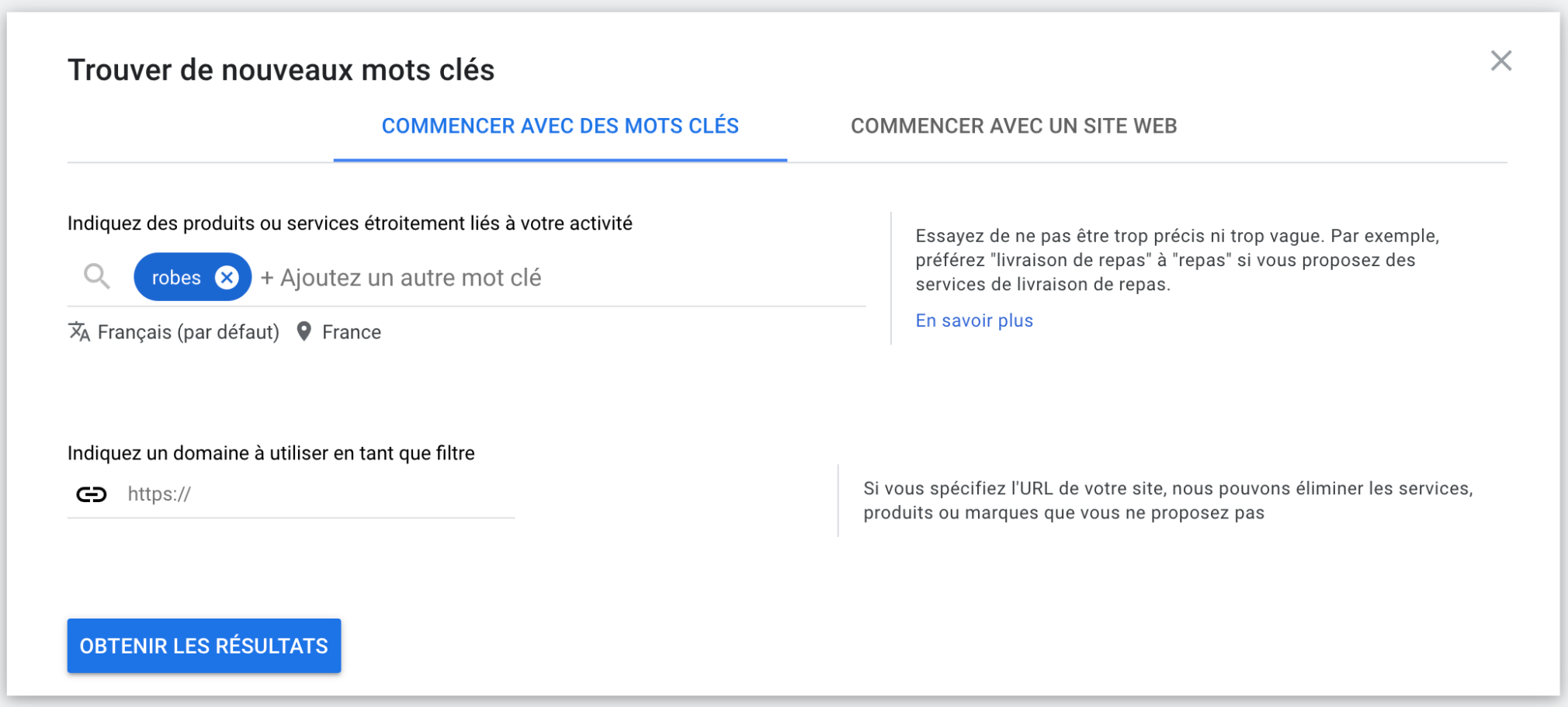 Keyword Planner Trouver de nouveaux mots clés