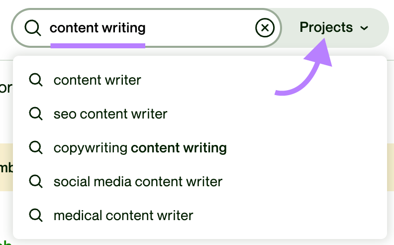 Searching for "content writer" in Upwork's project catalog