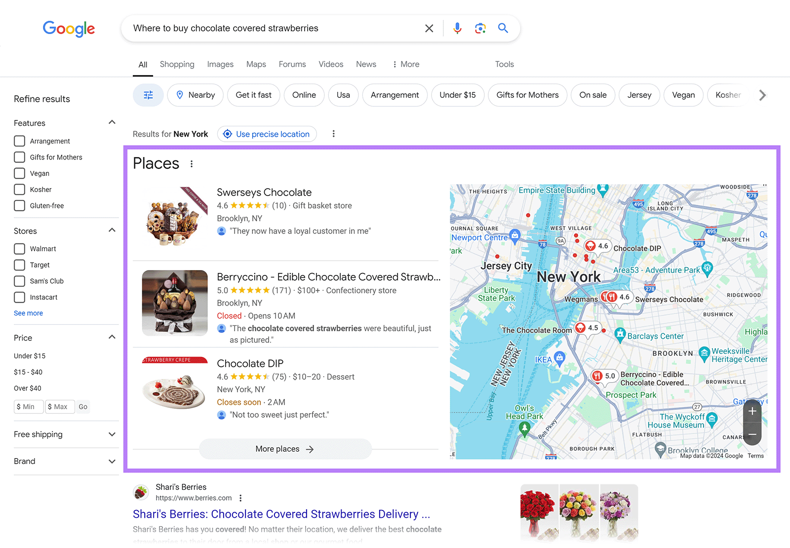 Modified search showing Places section with businesses that sell chocolate covered strawberries