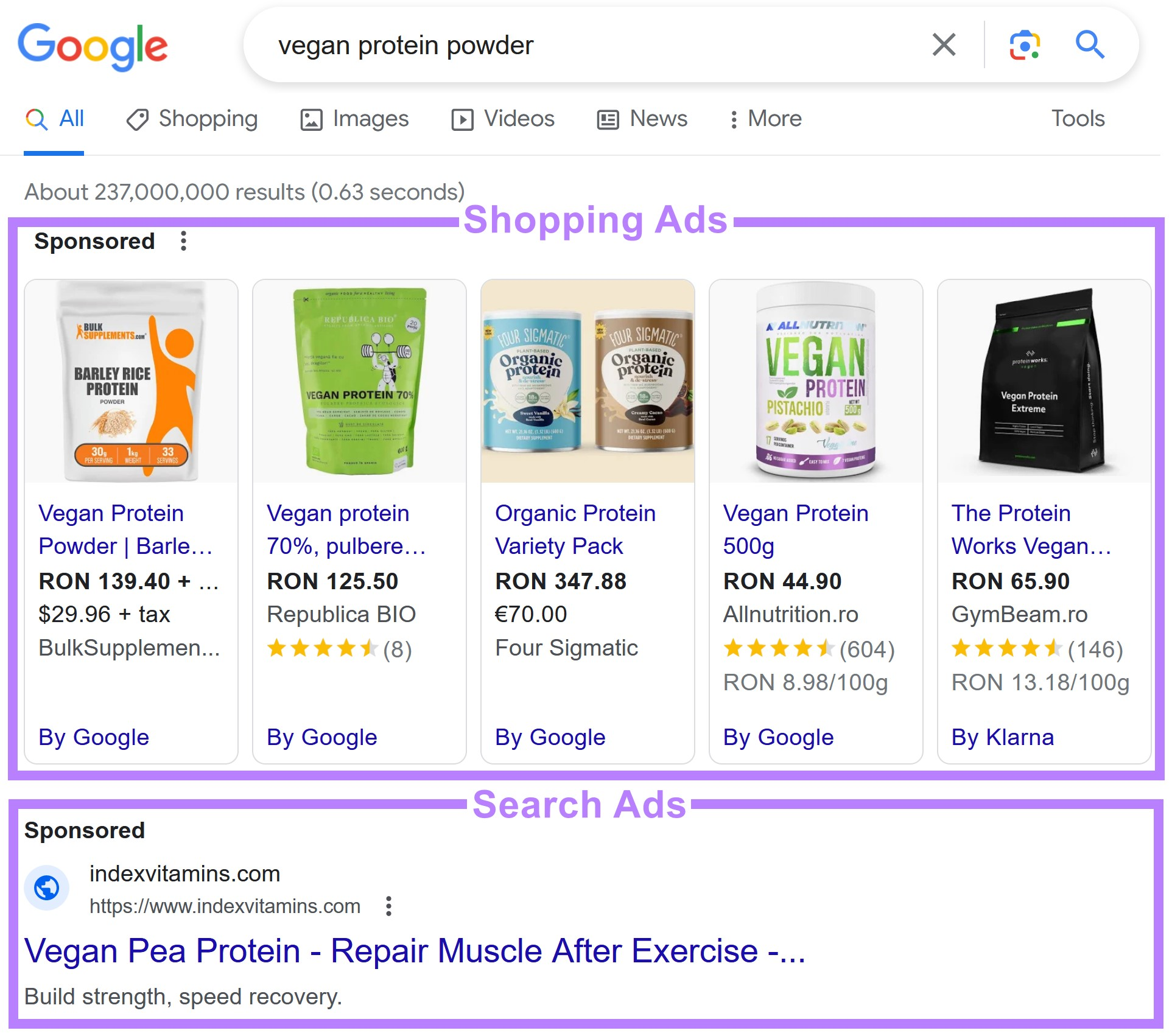 Shopping and search ads highlighted on Google SERP for "vegan protein powder"