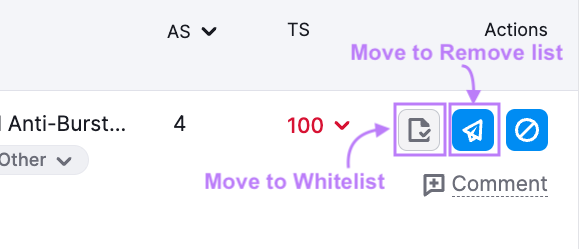 “Move to Whitelist” and “Move to Remove list” icons highlighted in purple