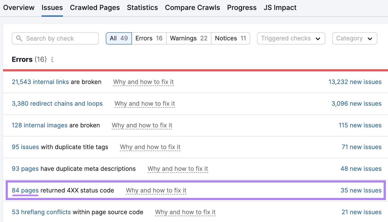 Site Audit issues tab showing 84 pages instrumentality    4XX presumption    codes.