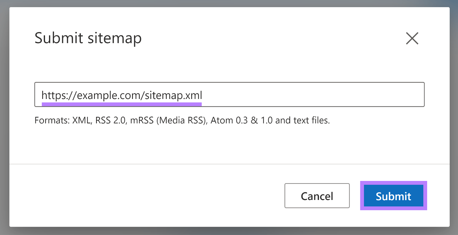 Sitemap URL entered and Submit fastener  highlighted