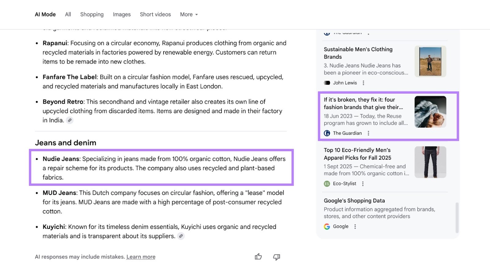 Una risposta sulla modalità AI di Google con menzione del marchio e una delle fonti evidenziate.