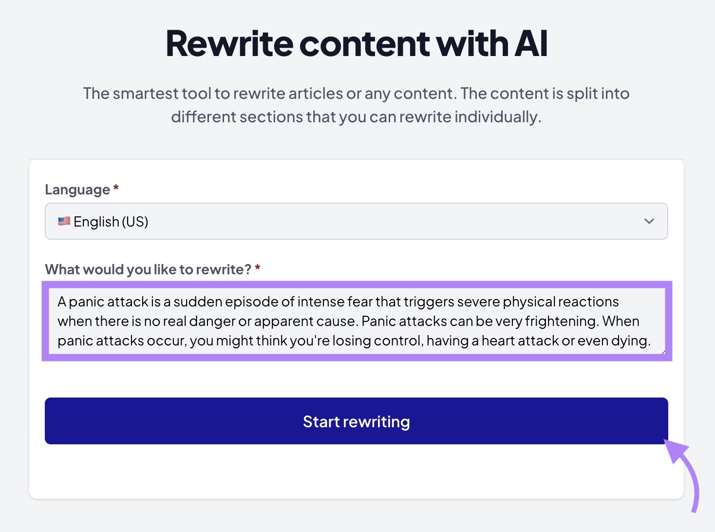 "Language" selected, text entered and "Start rewriting" clicked on Content Rewriter.