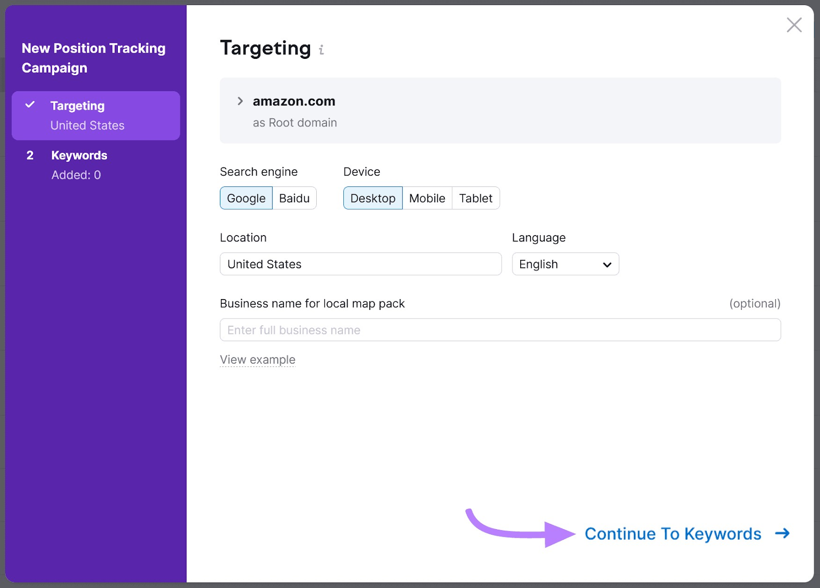 "Targeting" window in the Position Tracking tool settings