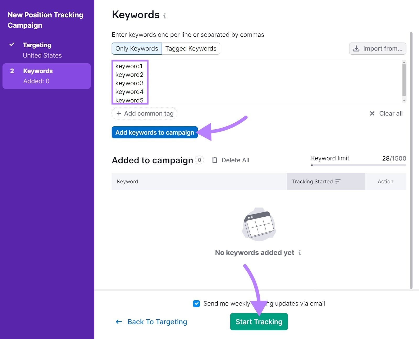 "Keywords" window in Position Tracking configuration steps