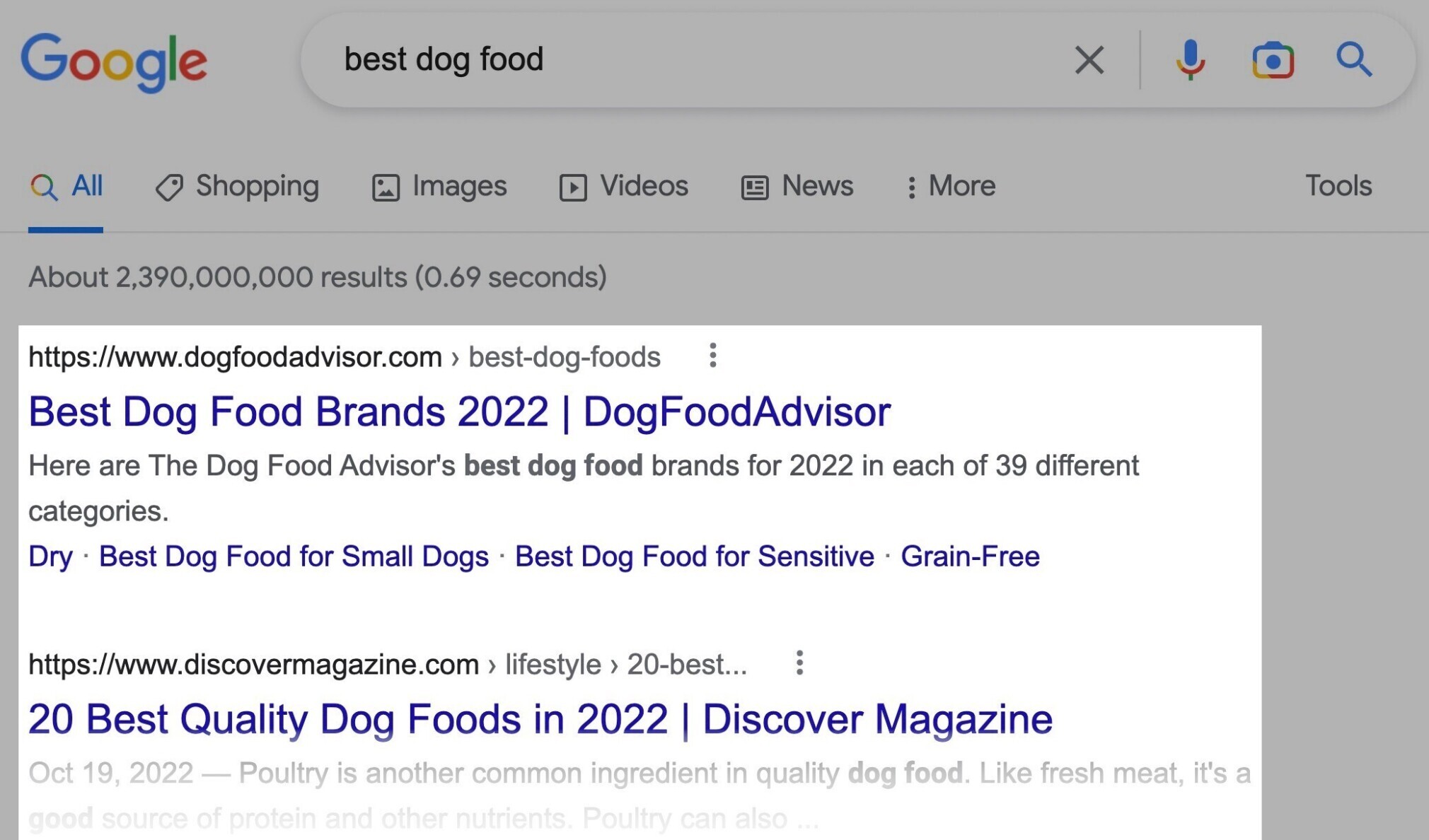 google SERP para melhor comida de cachorro