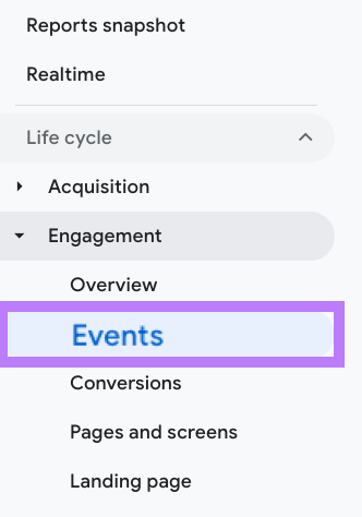 “Events" selected under “Engagement” section of the menu