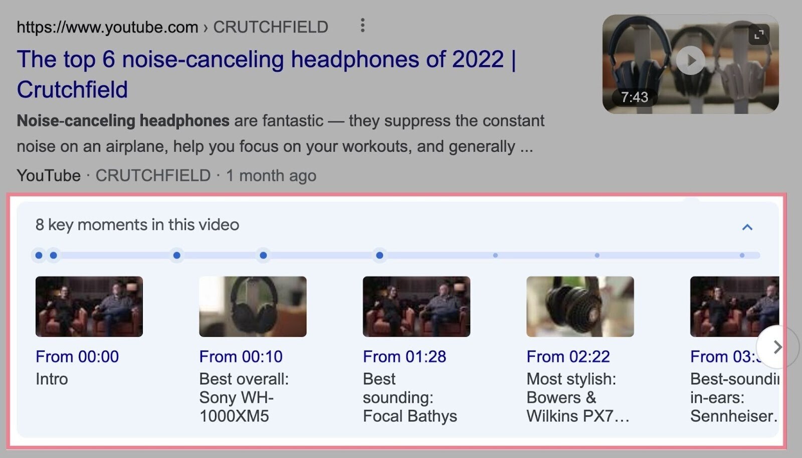YouTube video chapters on SERP