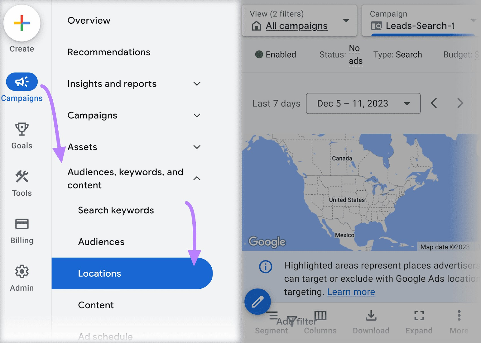 Ubicaciones en la barra lateral de Google Ads