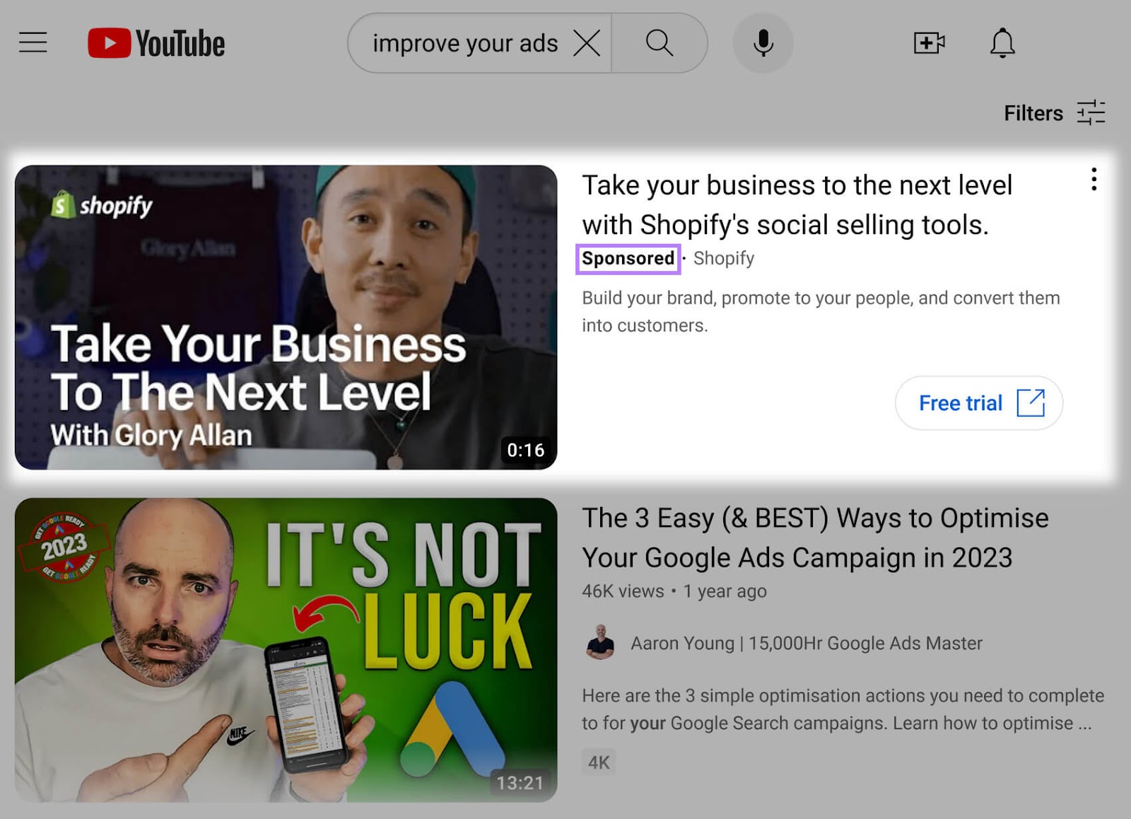 An in-feed video advertisement  successful  YouTube's hunt  results
