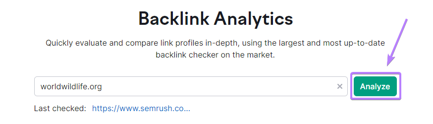 "worldwildlife.org" introducido en la barra de búsqueda de Backlink Analytics