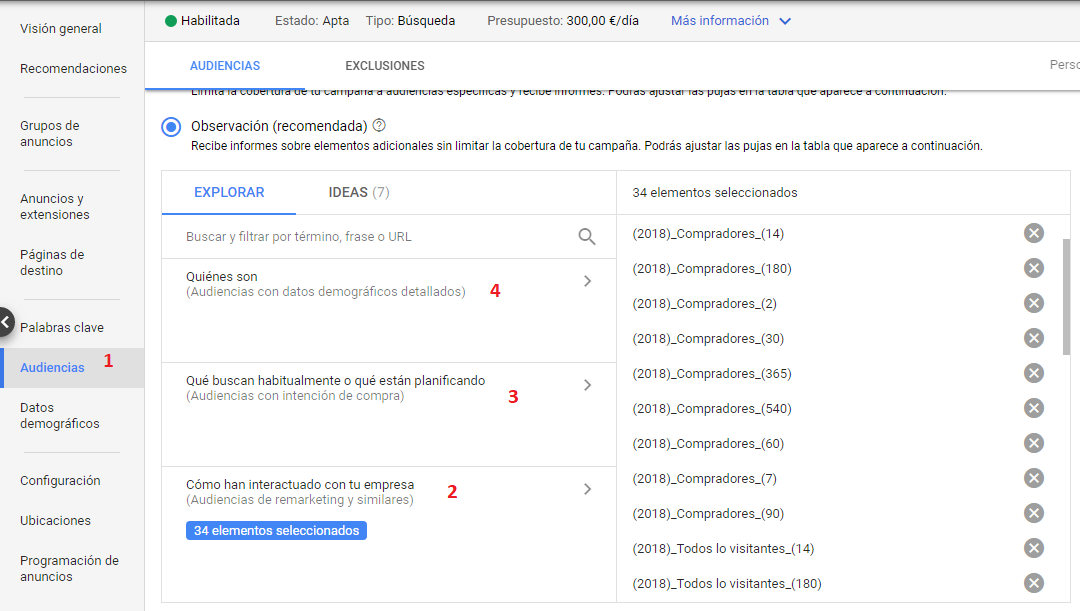 Ejemplo de añadir audiencias a campaña Google Ads