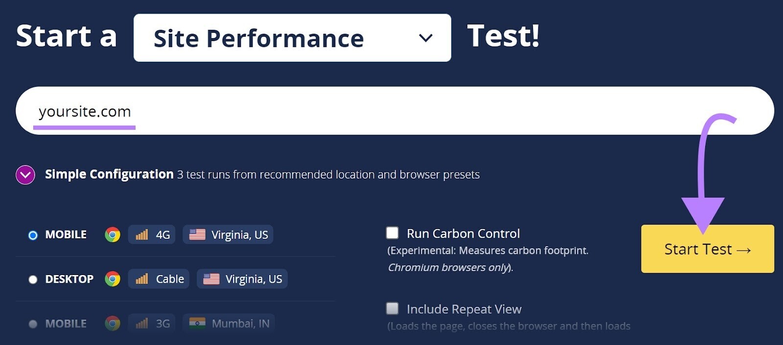 WebPageTest homepage with text "Start a Site Performance Test!"