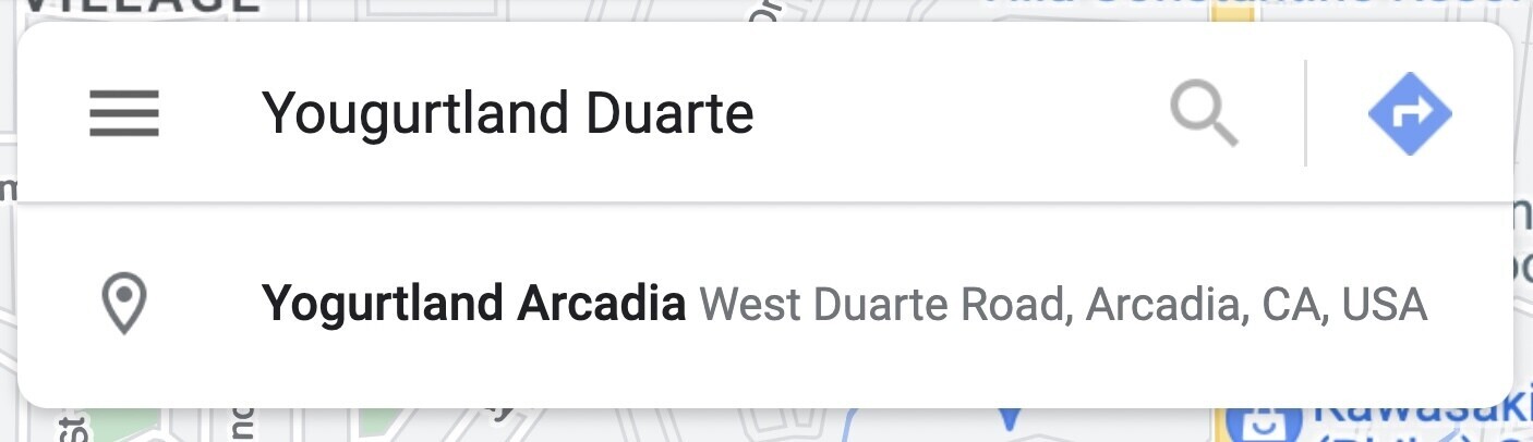 searching for Yougurtland Duarte on Google Maps
