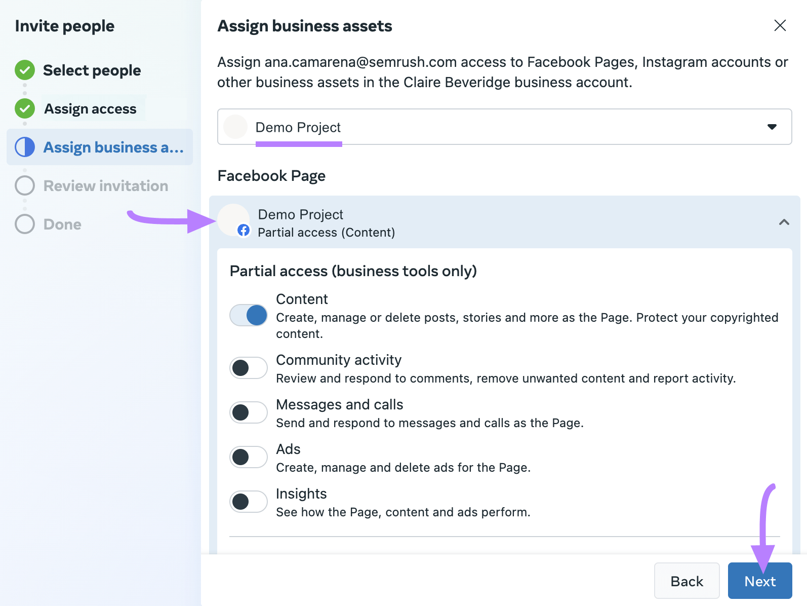 "Assign business assets" window in Facebook Business Manager settings
